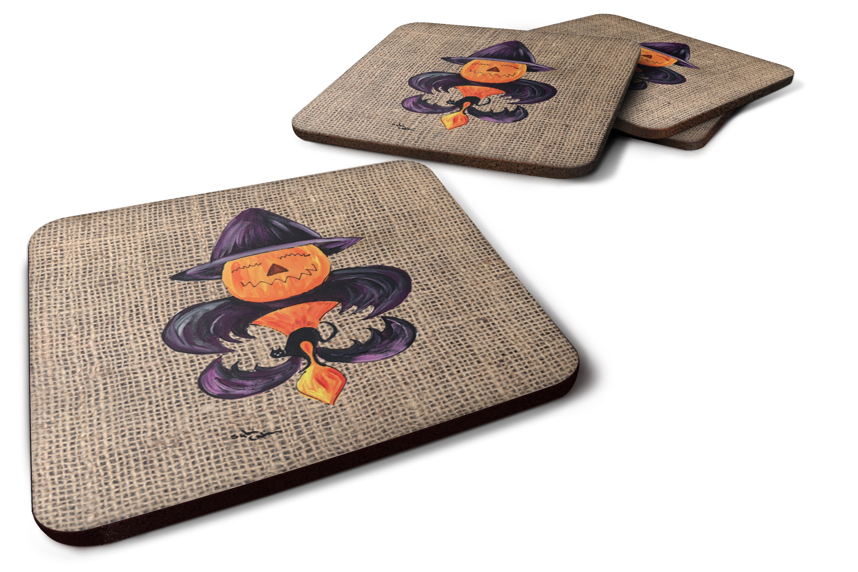 Halloween Pumpkin and Bat Fleur de lis on Faux Burlap Foam Coasters Set of 4 Cup Coasters for Indoor Outdoor, Tabletop Protection, Anti Slip, Mouse pad Material