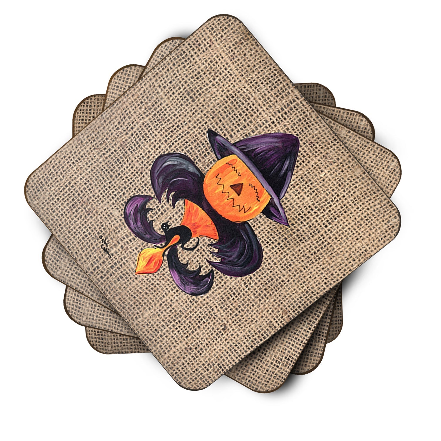 Halloween Pumpkin and Bat Fleur de lis on Faux Burlap Foam Coasters Set of 4 Cup Coasters for Indoor Outdoor, Tabletop Protection, Anti Slip, Mouse pad Material