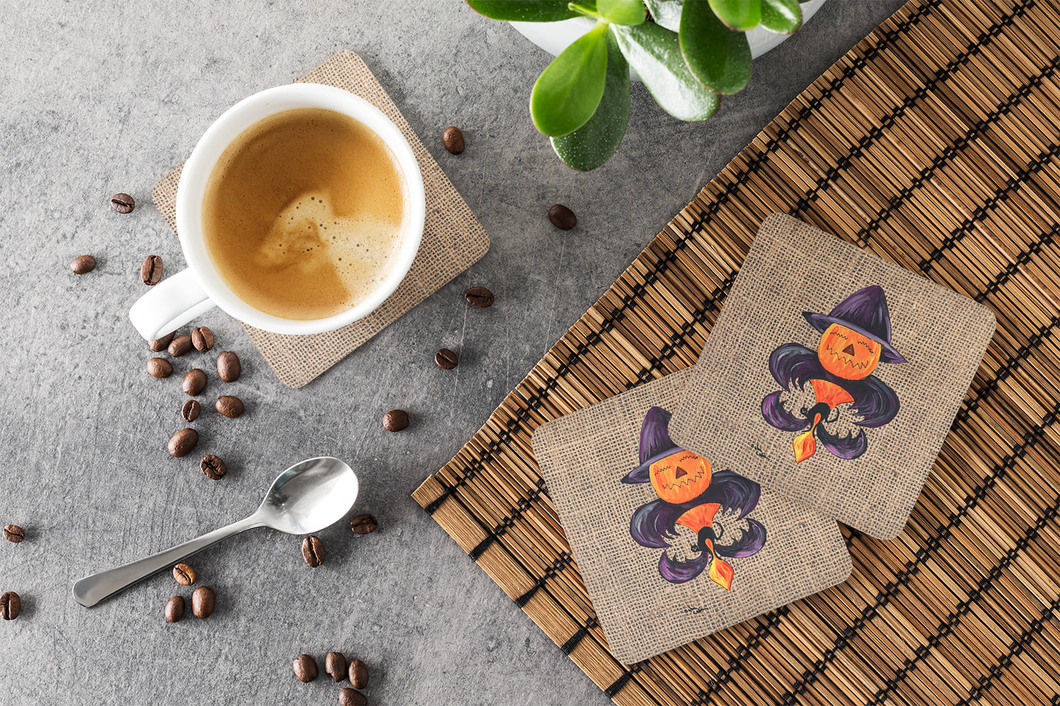 Halloween Pumpkin and Bat Fleur de lis on Faux Burlap Foam Coasters Set of 4 Cup Coasters for Indoor Outdoor, Tabletop Protection, Anti Slip, Mouse pad Material