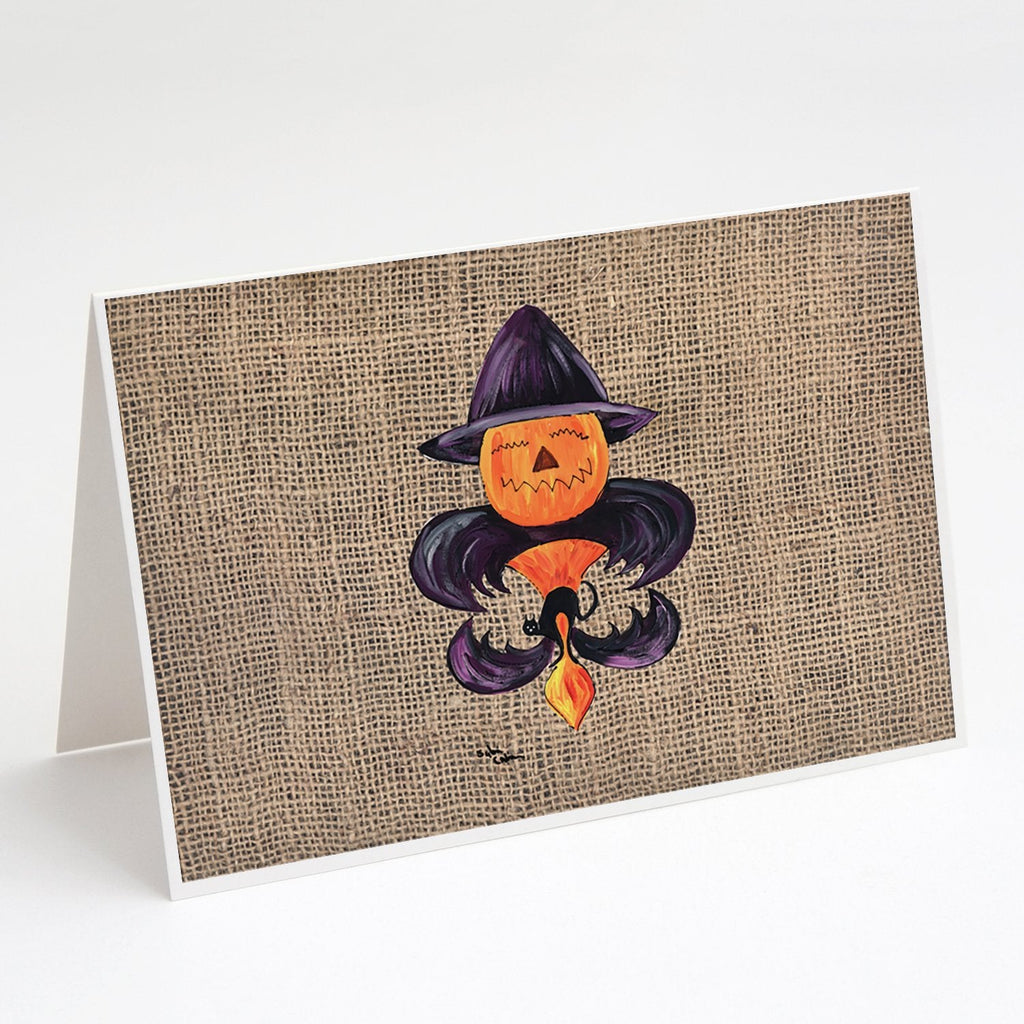 Halloween Pumpkin and Bat Fleur de lis on Faux Burlap Greeting Cards Pack of 8 Blank Cards with Envelopes Whimsical A7 Size 5x7