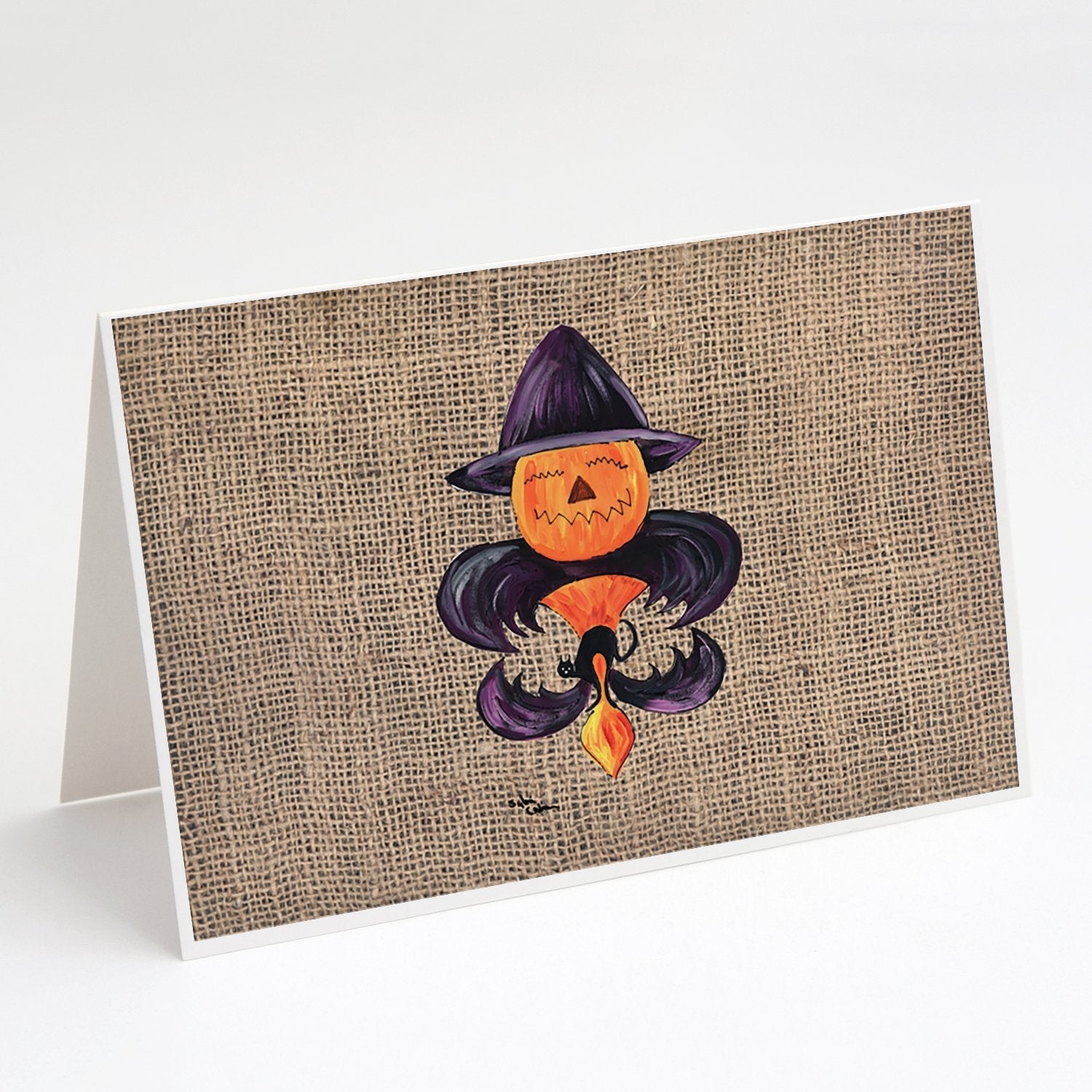Halloween Pumpkin and Bat Fleur de lis on Faux Burlap Greeting Cards Pack of 8 Blank Cards with Envelopes Whimsical A7 Size 5x7