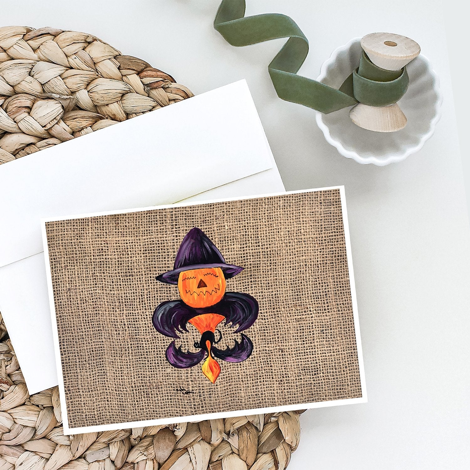 Halloween Pumpkin and Bat Fleur de lis on Faux Burlap Greeting Cards Pack of 8 Blank Cards with Envelopes Whimsical A7 Size 5x7