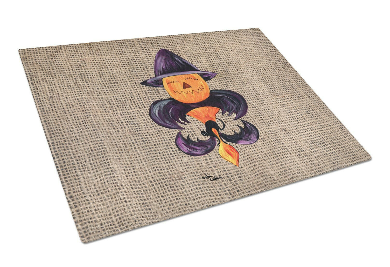 Halloween Pumpkin and Bat Fleur de lis on Faux Burlap Cutting Board Tempered Glass Kitchen Cutting Surface, Heat Resistant Chopping, Non-Slip Feet, Food Prep & Serving
