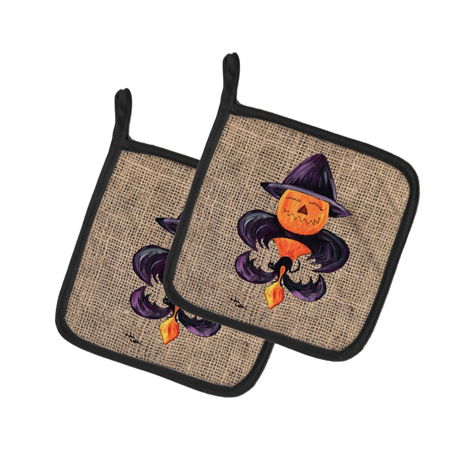 Halloween Pumpkin and Bat Fleur de lis on Faux Burlap Pot Holder Set of 2 Heat Resistant Quilted Hot Pads 7.5 x 7.5 Inch, Insulated Kitchen Trivets for Cooking & Baking