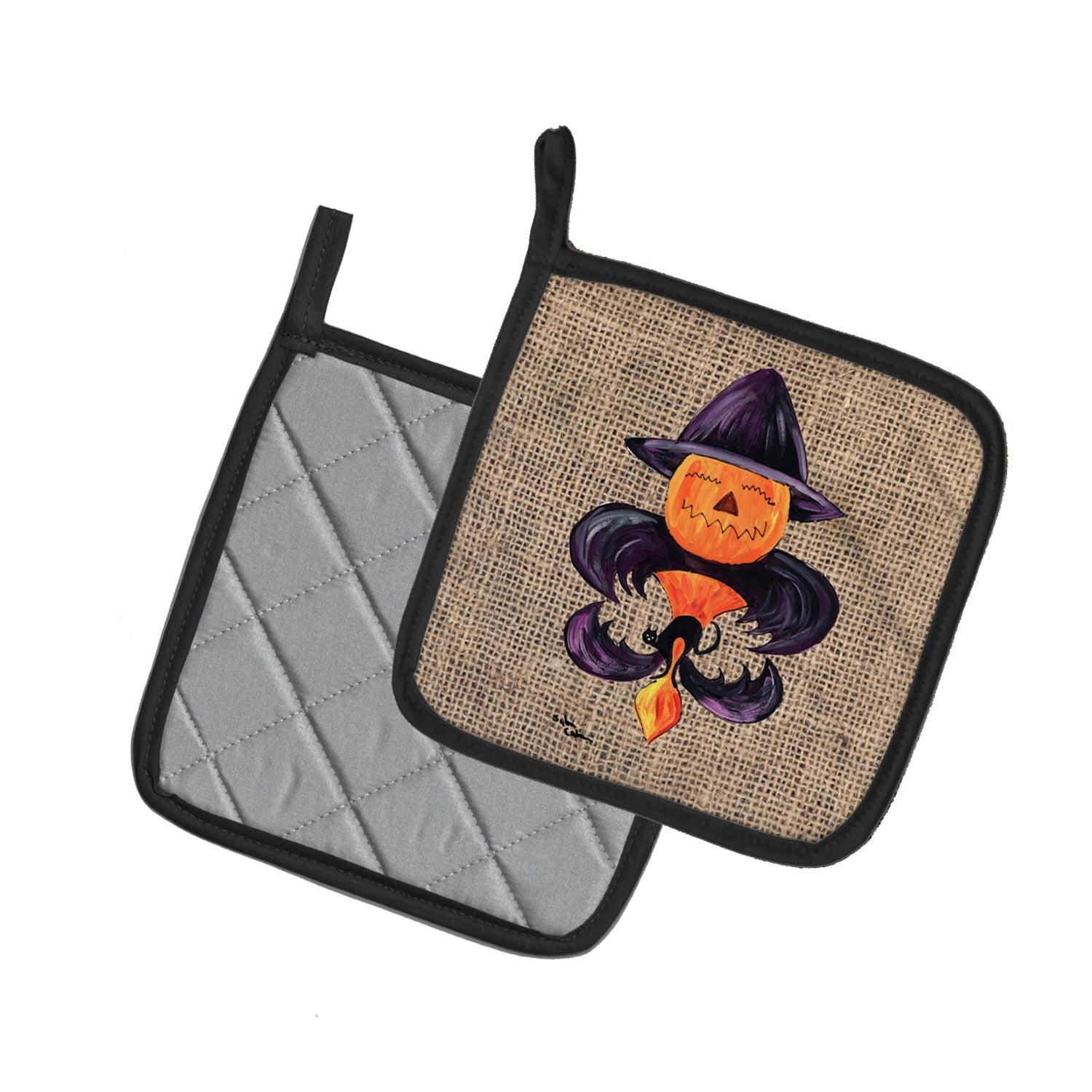 Halloween Pumpkin and Bat Fleur de lis on Faux Burlap Pot Holder Set of 2 Heat Resistant Quilted Hot Pads 7.5 x 7.5 Inch, Insulated Kitchen Trivets for Cooking & Baking