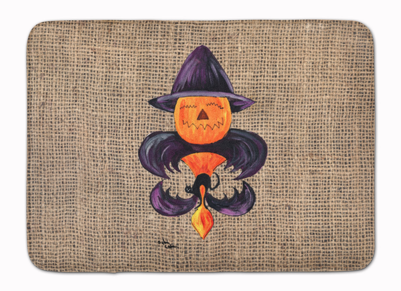 Halloween Pumpkin and Bat Fleur de lis on Faux Burlap Memory Foam Kitchen Mat Machine Washable Anti-Fatigue Cushion Comfort Bath or Kitchen Rug
