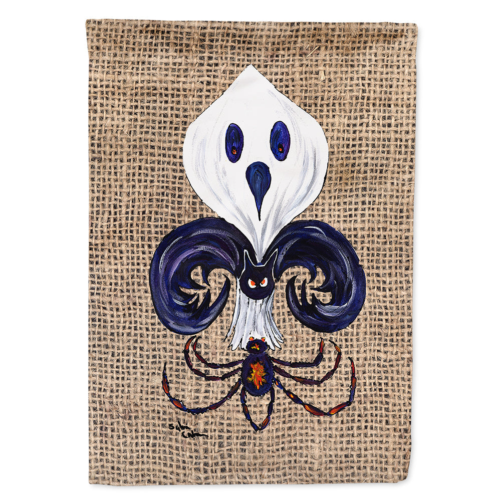Halloween Ghost Bat and Spider Fleur de lis on Faux Burlap House Flag 28x40 Porch Sleeve Pole Decorative Outside Yard Banner Artwork Wall Hanging, Polyester