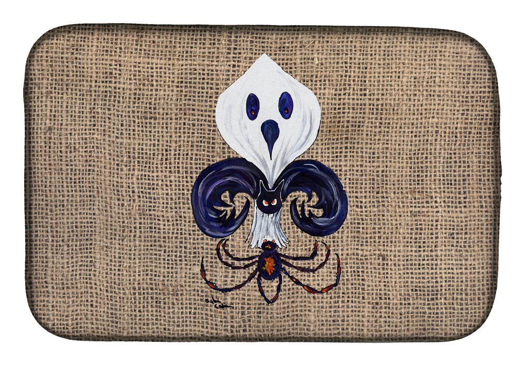 Halloween Ghost Bat and Spider Fleur de lis on Faux Burlap Dish Drying Mat Absorbent Dish Drying Mat Pad for Kitchen Counter Dish Drainer Mat for Countertop, 14 x 21", Multicolor