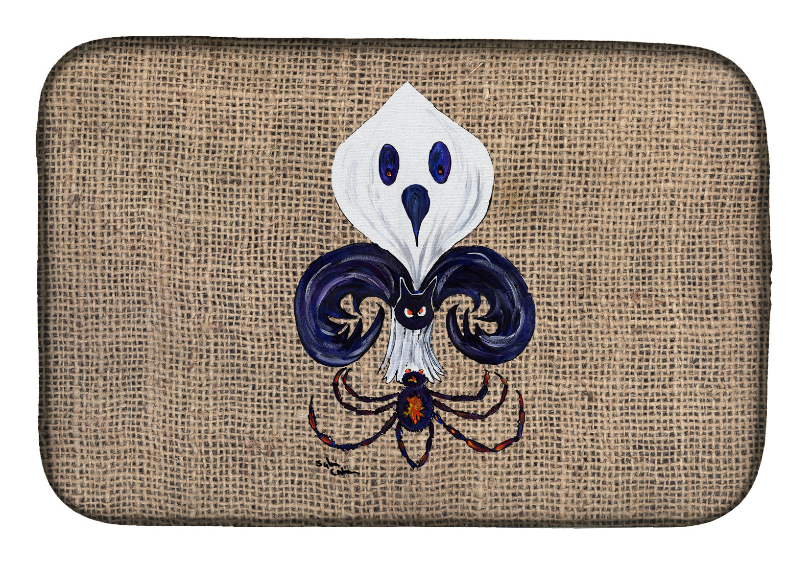Halloween Ghost Bat and Spider Fleur de lis on Faux Burlap Dish Drying Mat Absorbent Dish Drying Mat Pad for Kitchen Counter Dish Drainer Mat for Countertop, 14 x 21", Multicolor