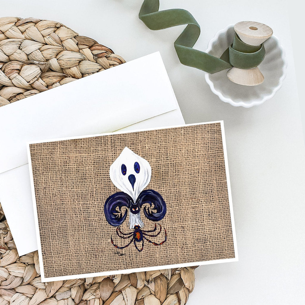 Halloween Ghost Bat and Spider Fleur de lis on Faux Burlap Greeting Cards Pack of 8 Blank Cards with Envelopes Whimsical A7 Size 5x7
