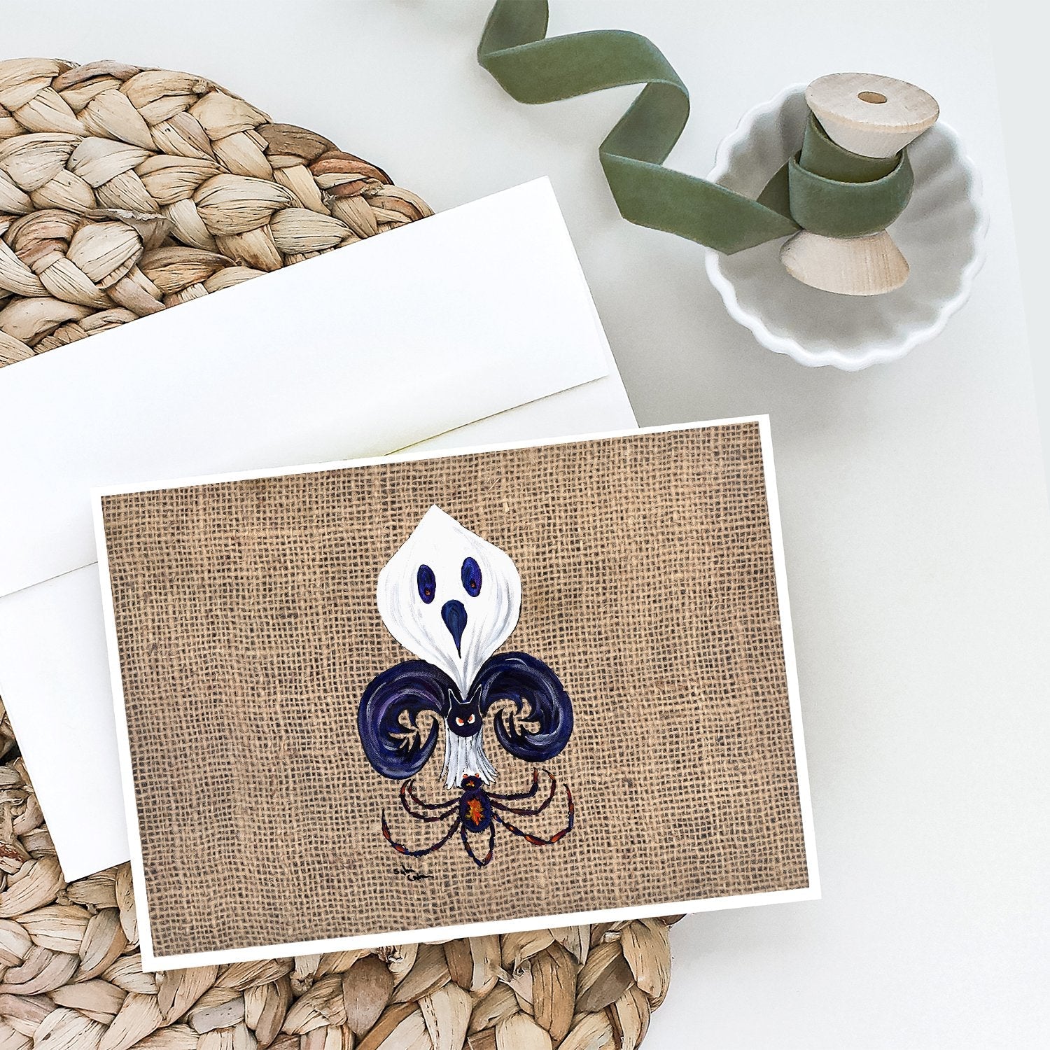 Halloween Ghost Bat and Spider Fleur de lis on Faux Burlap Greeting Cards Pack of 8 Blank Cards with Envelopes Whimsical A7 Size 5x7