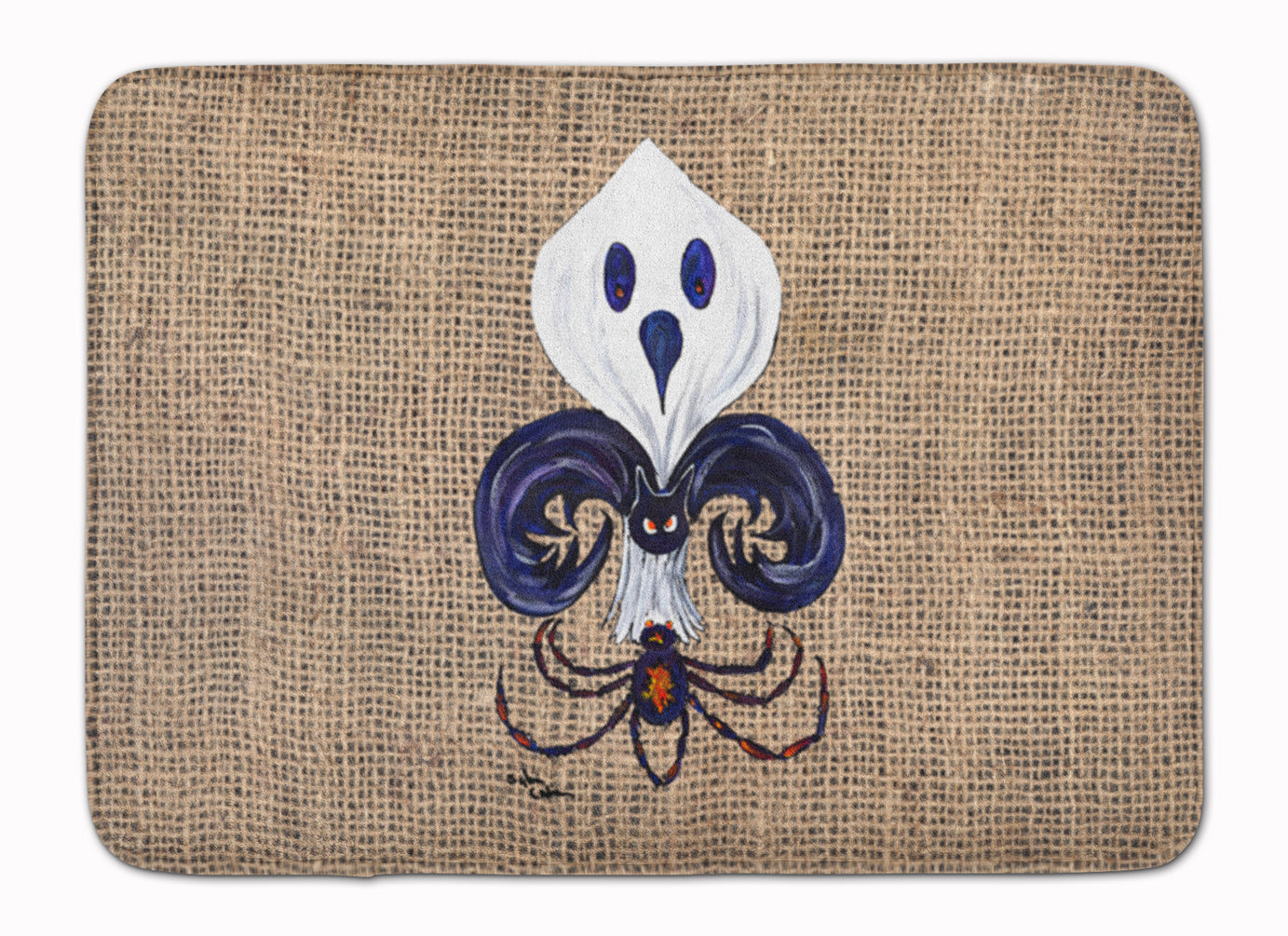 Halloween Ghost Bat and Spider Fleur de lis on Faux Burlap Memory Foam Kitchen Mat Machine Washable Anti-Fatigue Cushion Comfort Bath or Kitchen Rug