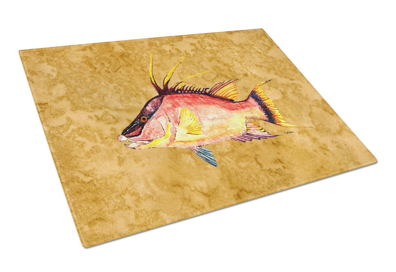 Hog Snapper on Gold Cutting Board Tempered Glass Kitchen Cutting Surface, Heat Resistant Chopping, Non-Slip Feet, Food Prep & Serving