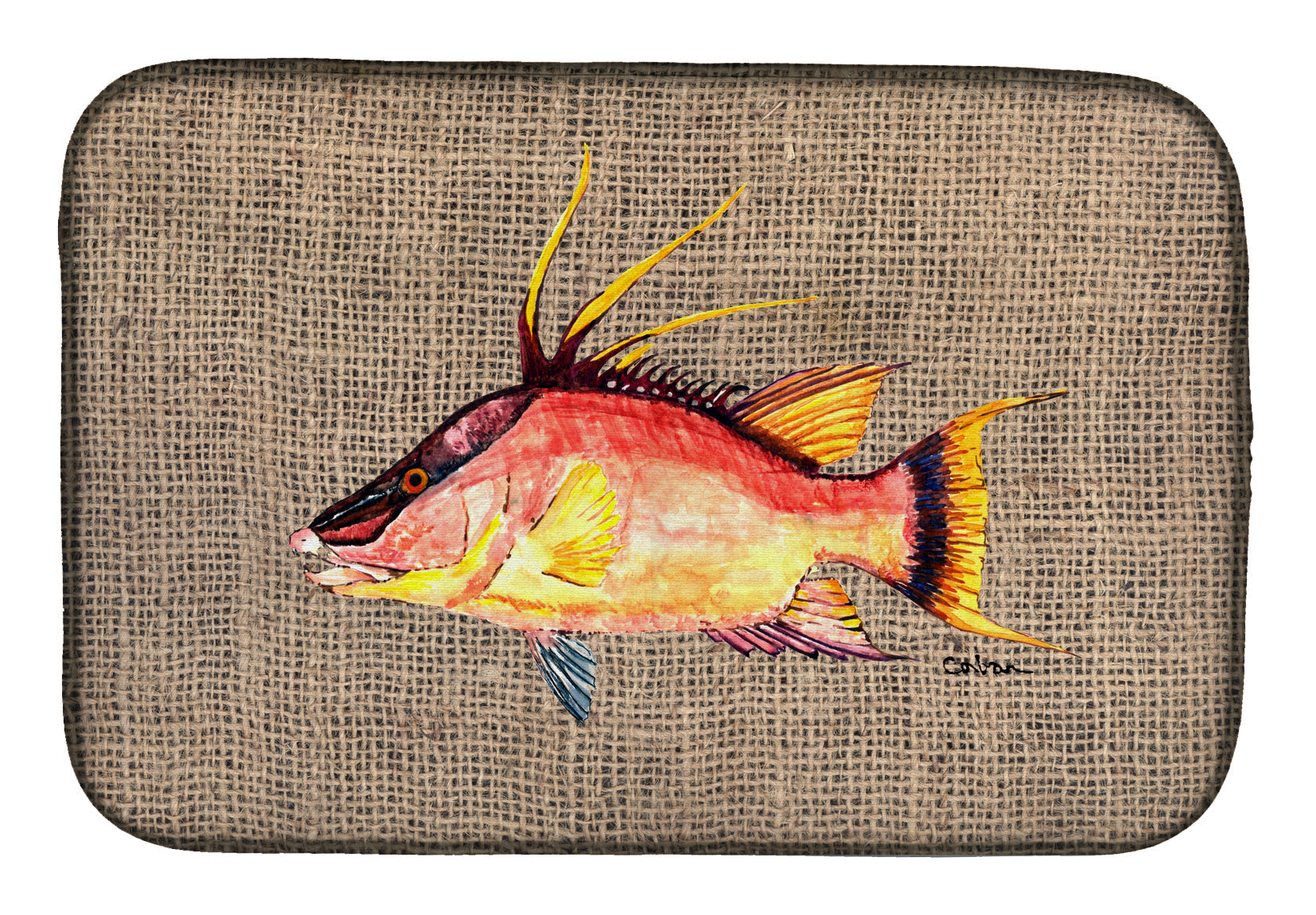 Hog Snapper on Faux Burlap Dish Drying Mat Absorbent Dish Drying Mat Pad for Kitchen Counter Dish Drainer Mat for Countertop, 14 x 21", Multicolor