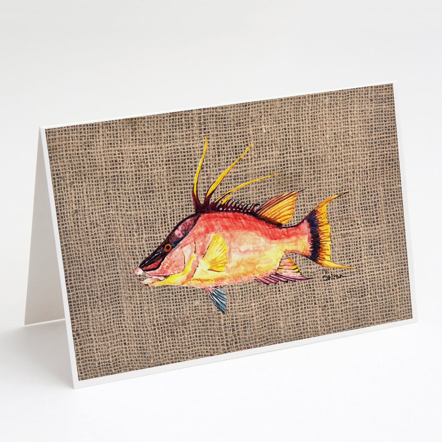 Hog Snapper on Faux Burlap Greeting Cards Pack of 8 Blank Cards with Envelopes Whimsical A7 Size 5x7