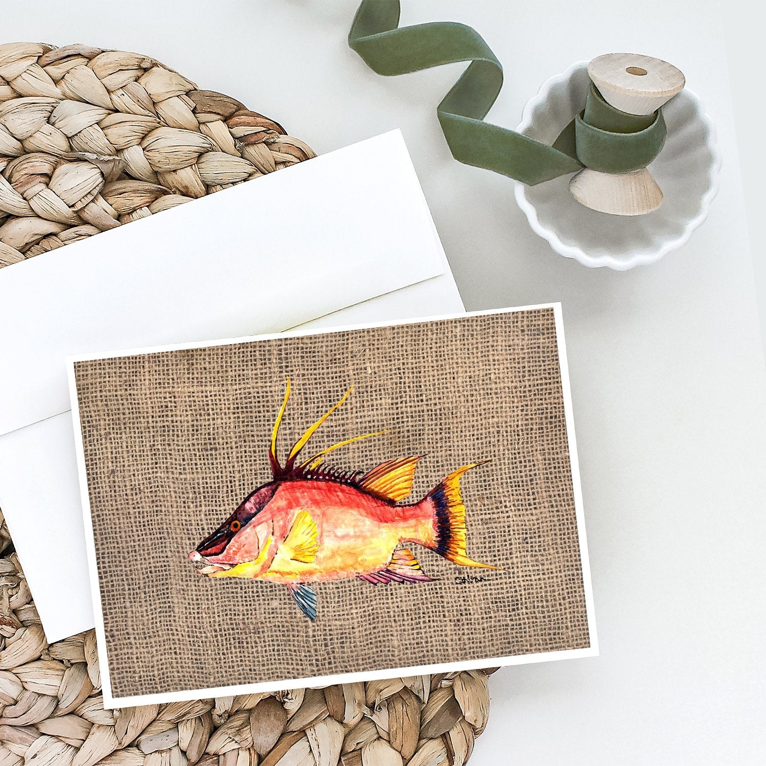 Hog Snapper on Faux Burlap Greeting Cards Pack of 8 Blank Cards with Envelopes Whimsical A7 Size 5x7