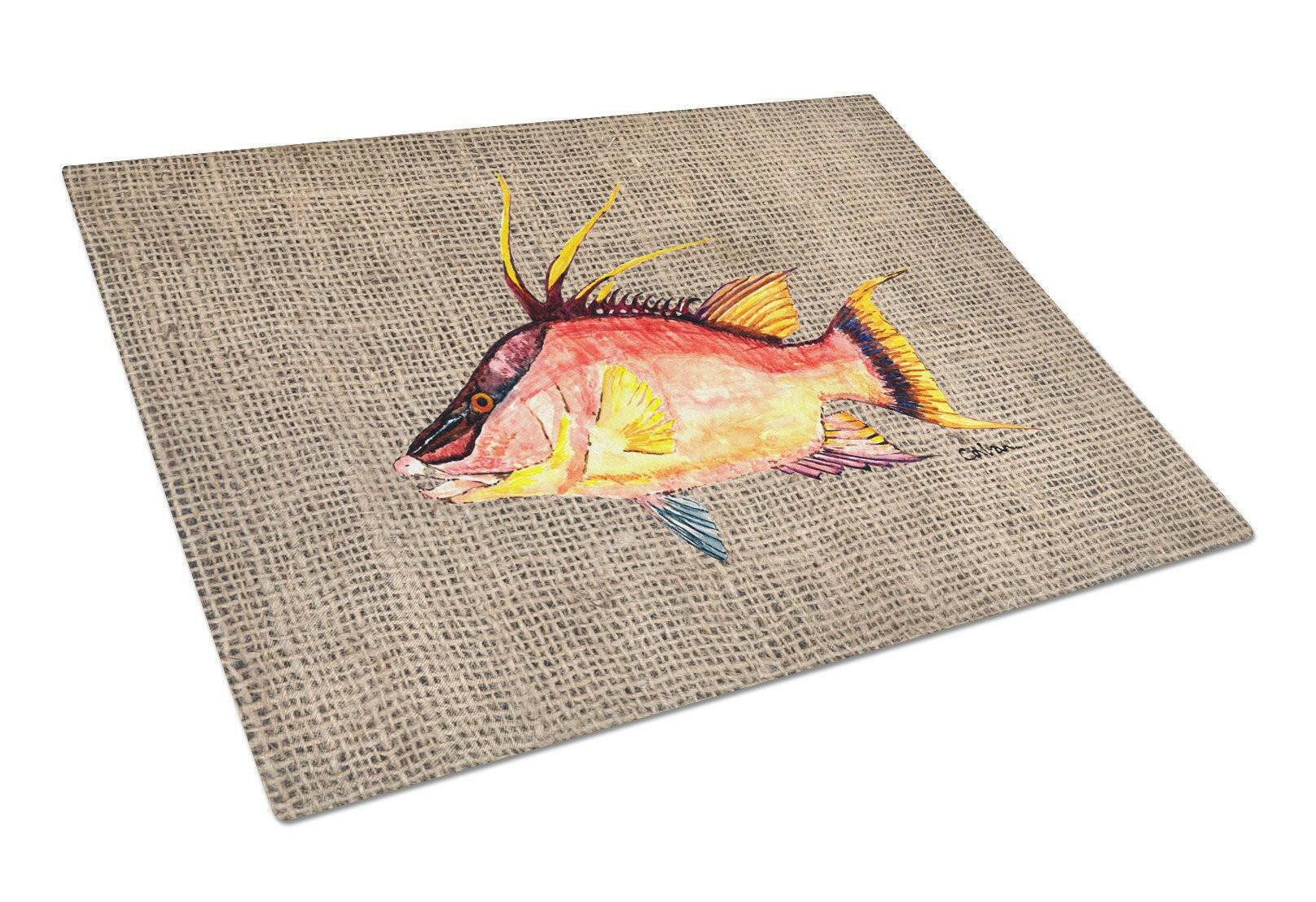 Hog Snapper on Faux Burlap Cutting Board Tempered Glass Kitchen Cutting Surface, Heat Resistant Chopping, Non-Slip Feet, Food Prep & Serving