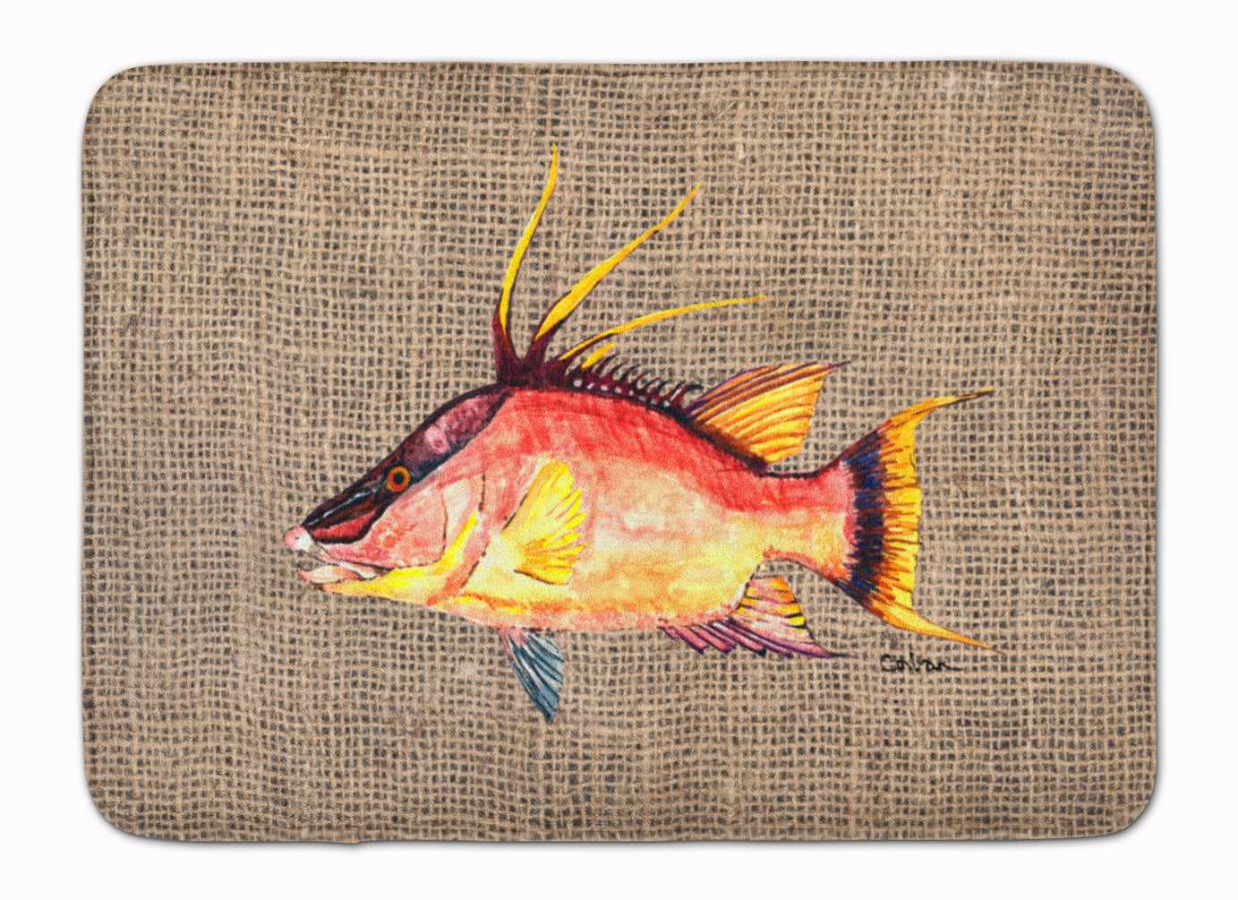 Hog Snapper on Faux Burlap Memory Foam Kitchen Mat Machine Washable Anti-Fatigue Cushion Comfort Bath or Kitchen Rug