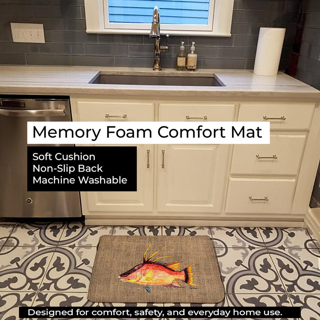 Hog Snapper on Faux Burlap Memory Foam Kitchen Mat Machine Washable Anti-Fatigue Cushion Comfort Bath or Kitchen Rug
