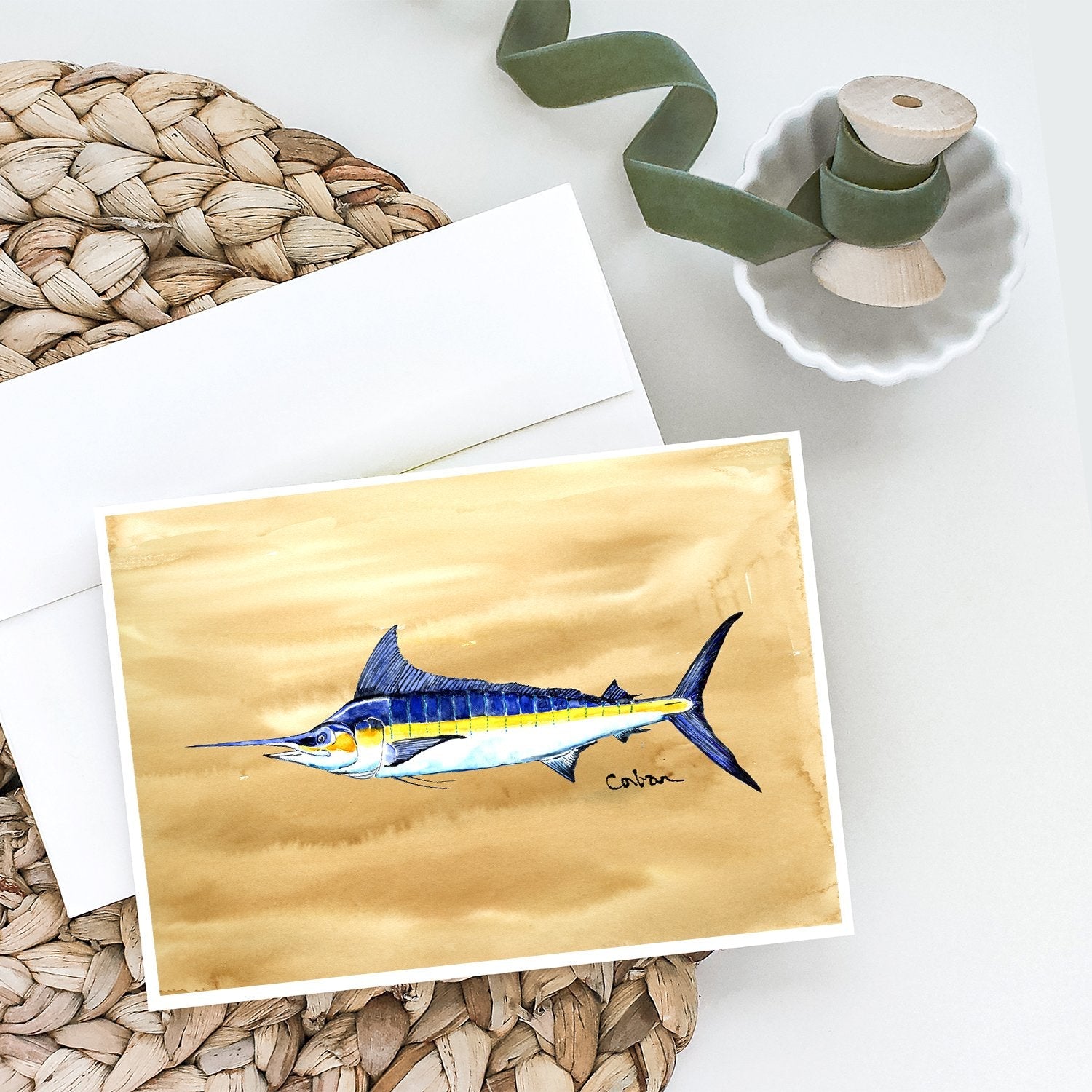 Swordfish on Sandy Beach Greeting Cards Pack of 8 Blank Cards with Envelopes Whimsical A7 Size 5x7