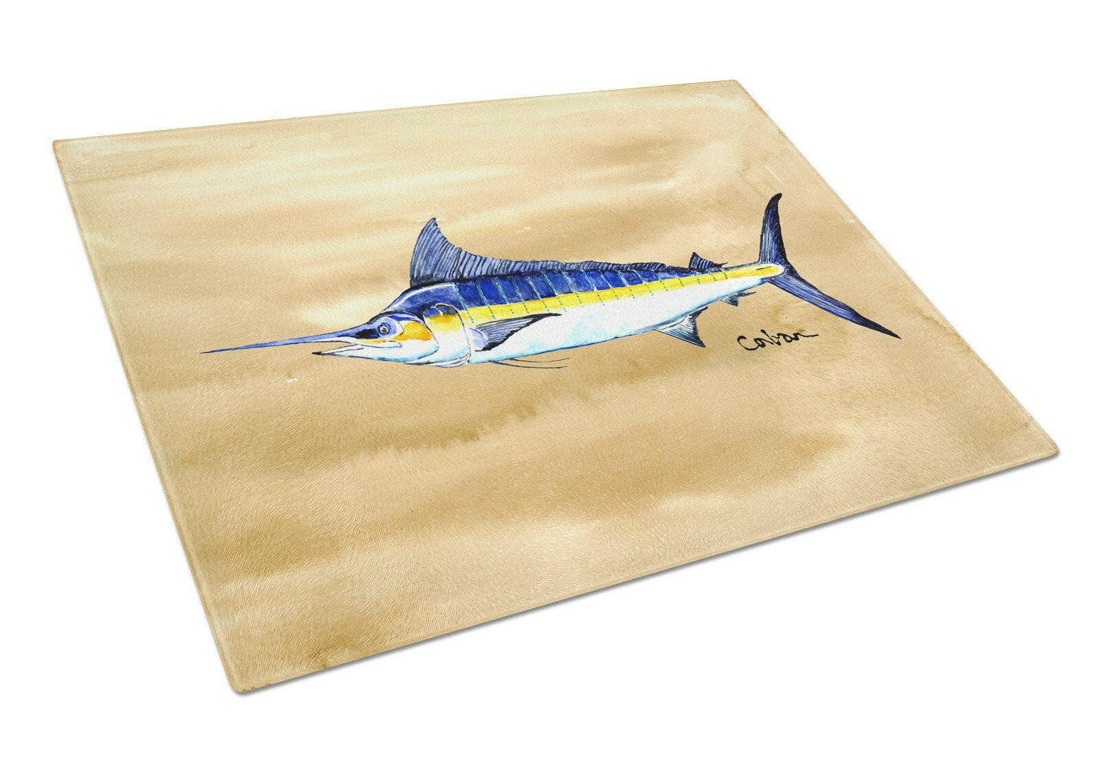 Swordfish on Sandy Beach Cutting Board Tempered Glass Kitchen Cutting Surface, Heat Resistant Chopping, Non-Slip Feet, Food Prep & Serving