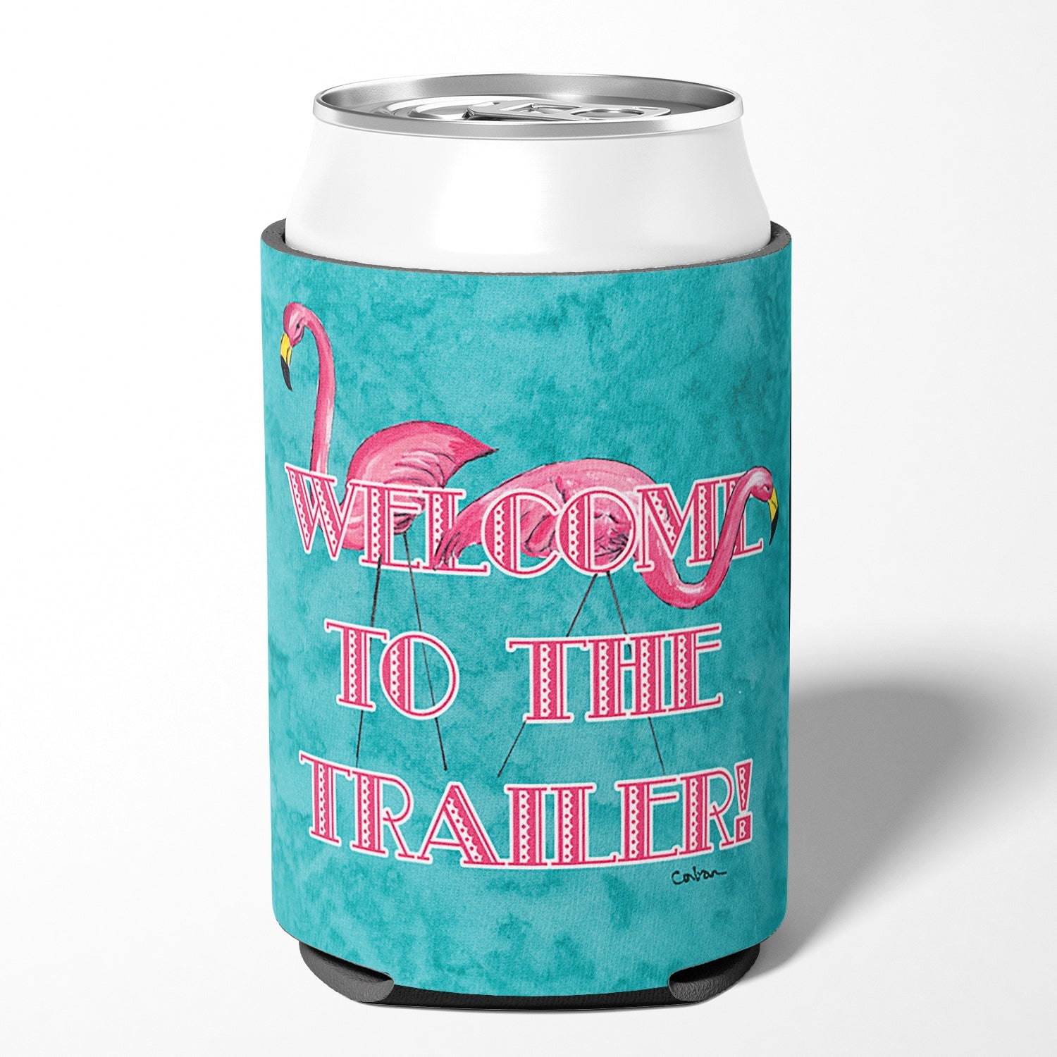Welcome to the Trailer with Flamingos Can or Bottle Hugger Cooler Sleeve for Standard 12 oz Cans, Insulated Foam Beer & Soda Can Hugger Reusable