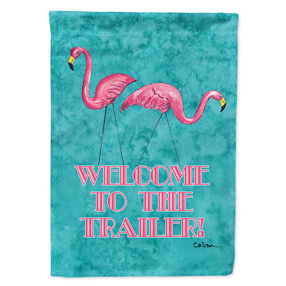 Welcome to the Trailer with Flamingos House Flag 28x40 Porch Sleeve Pole Decorative Outside Yard Banner Artwork Wall Hanging, Polyester
