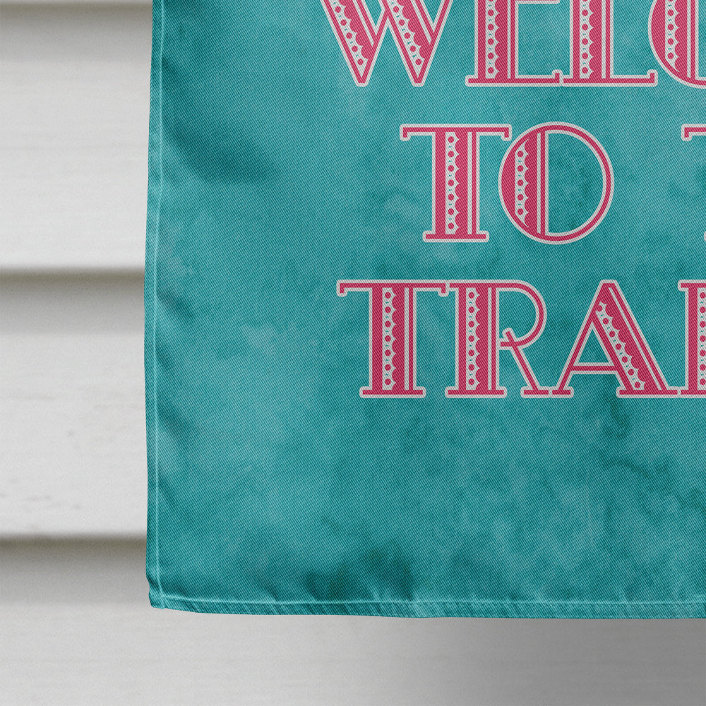 Welcome to the Trailer with Flamingos House Flag 28x40 Porch Sleeve Pole Decorative Outside Yard Banner Artwork Wall Hanging, Polyester