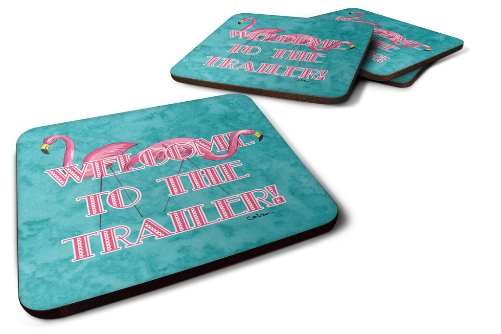 Welcome to the Trailer with Flamingos Foam Coasters Set of 4 Cup Coasters for Indoor Outdoor, Tabletop Protection, Anti Slip, Mouse pad Material