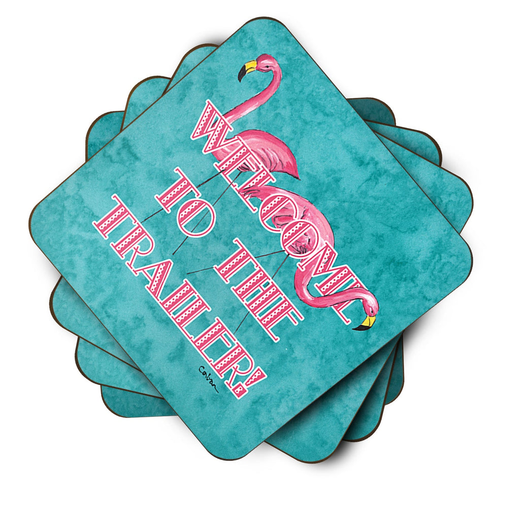 Welcome to the Trailer with Flamingos Foam Coasters Set of 4 Cup Coasters for Indoor Outdoor, Tabletop Protection, Anti Slip, Mouse pad Material