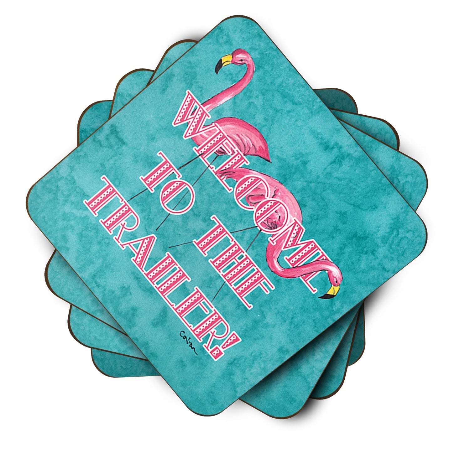 Welcome to the Trailer with Flamingos Foam Coasters Set of 4 Cup Coasters for Indoor Outdoor, Tabletop Protection, Anti Slip, Mouse pad Material