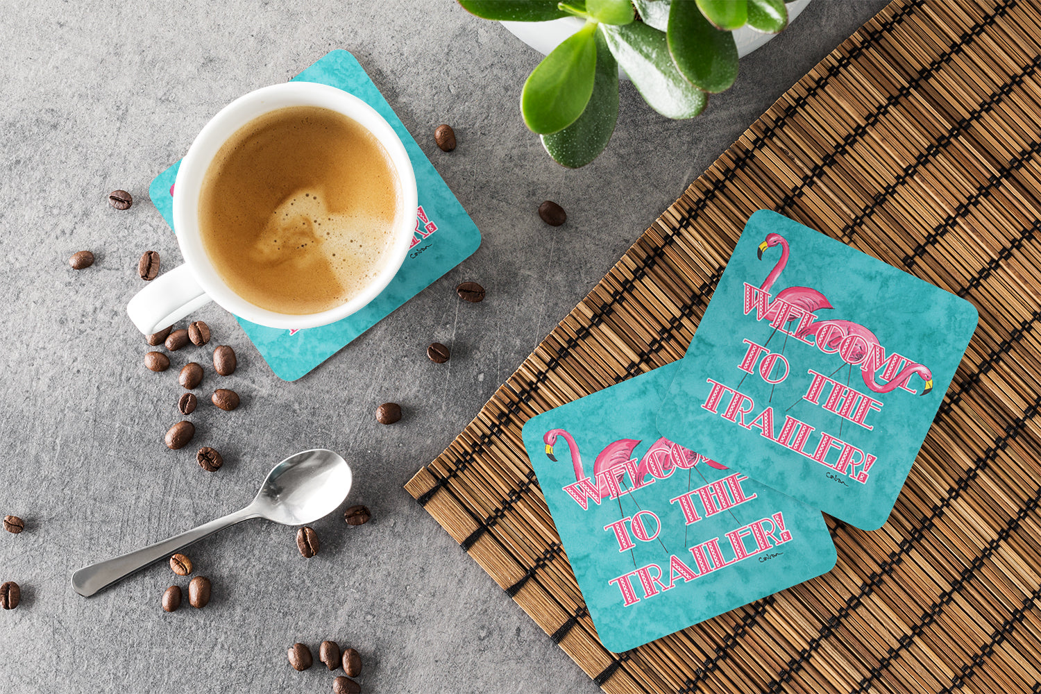 Welcome to the Trailer with Flamingos Foam Coasters Set of 4 Cup Coasters for Indoor Outdoor, Tabletop Protection, Anti Slip, Mouse pad Material