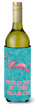 Welcome to the Trailer with Flamingos Wine Bottle Hugger Gift Sleeve for Standard 750 ml Bottles, Insulated Reusable Also Fits Mini Shot & Pint Bottles