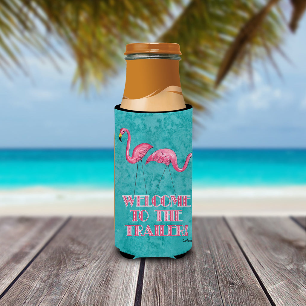 Welcome to the Trailer with Flamingos Slim Can Hugger , Insulated Foam Hugger for 12 oz Slim Cans, Beer Bottles & Water Bottles, Printed in USA