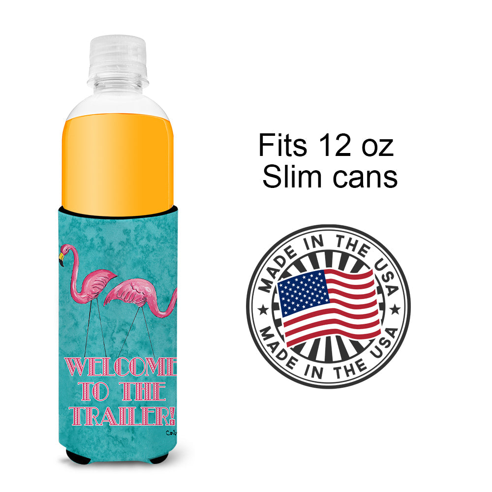 Welcome to the Trailer with Flamingos Slim Can Hugger , Insulated Foam Hugger for 12 oz Slim Cans, Beer Bottles & Water Bottles, Printed in USA