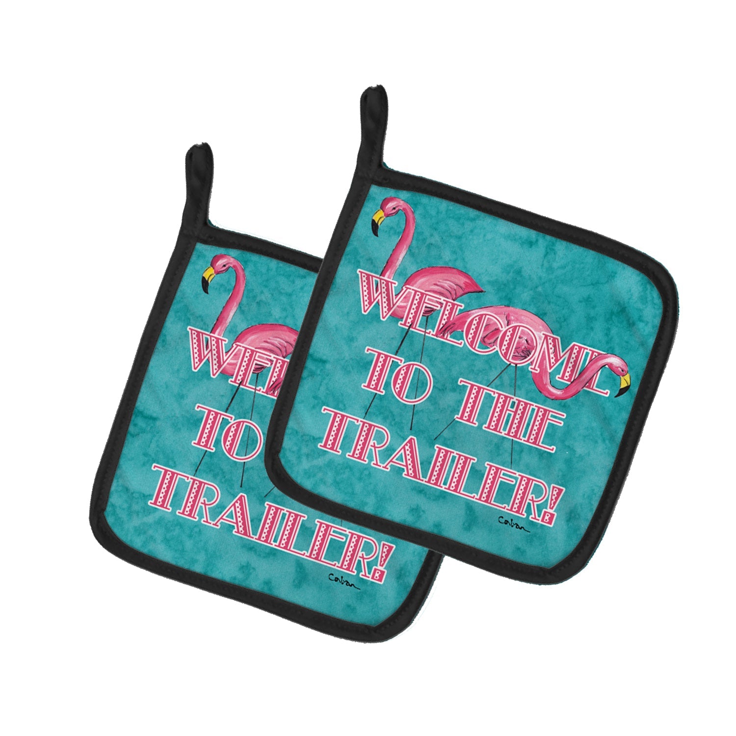 Welcome to the Trailer with Flamingos Pot Holder Set of 2 Heat Resistant Quilted Hot Pads 7.5 x 7.5 Inch, Insulated Kitchen Trivets for Cooking & Baking