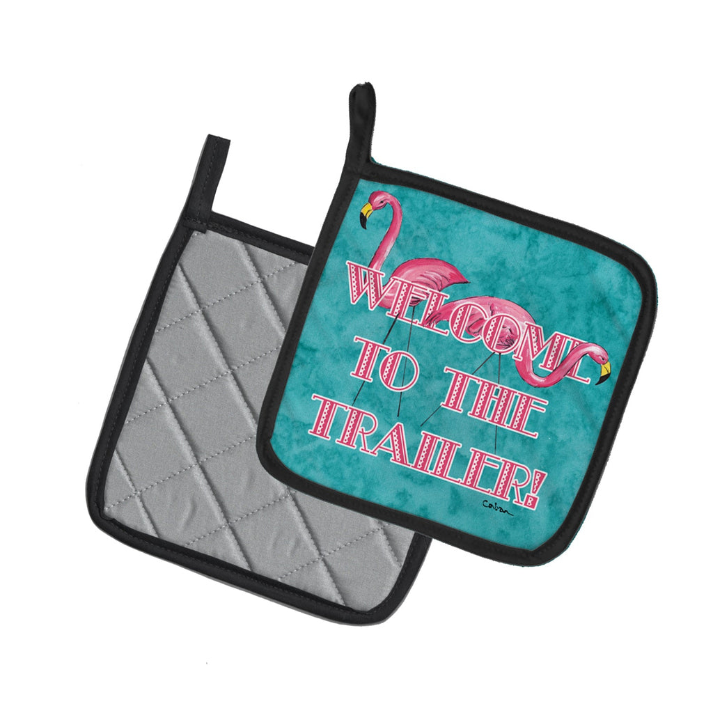 Welcome to the Trailer with Flamingos Pot Holder Set of 2 Heat Resistant Quilted Hot Pads 7.5 x 7.5 Inch, Insulated Kitchen Trivets for Cooking & Baking