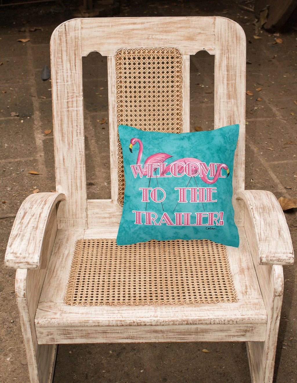 Welcome to the Trailer with Flamingos Decorative Throw Pillow 14x14 Indoor Outdoor Accent Cushion, Fabric Cover with Insert for Sofa, Bed, Porch & Living Room