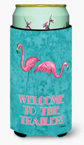 Welcome to the Trailer with Flamingos Tall Boy Hugger Can Cooler Sleeve Machine Washable Drink Collapsible Insulator Beverage Insulated Holder