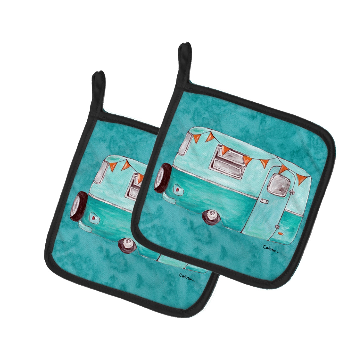 Welcome to the Trailer Pot Holder Set of 2 Heat Resistant Quilted Hot Pads 7.5 x 7.5 Inch, Insulated Kitchen Trivets for Cooking & Baking