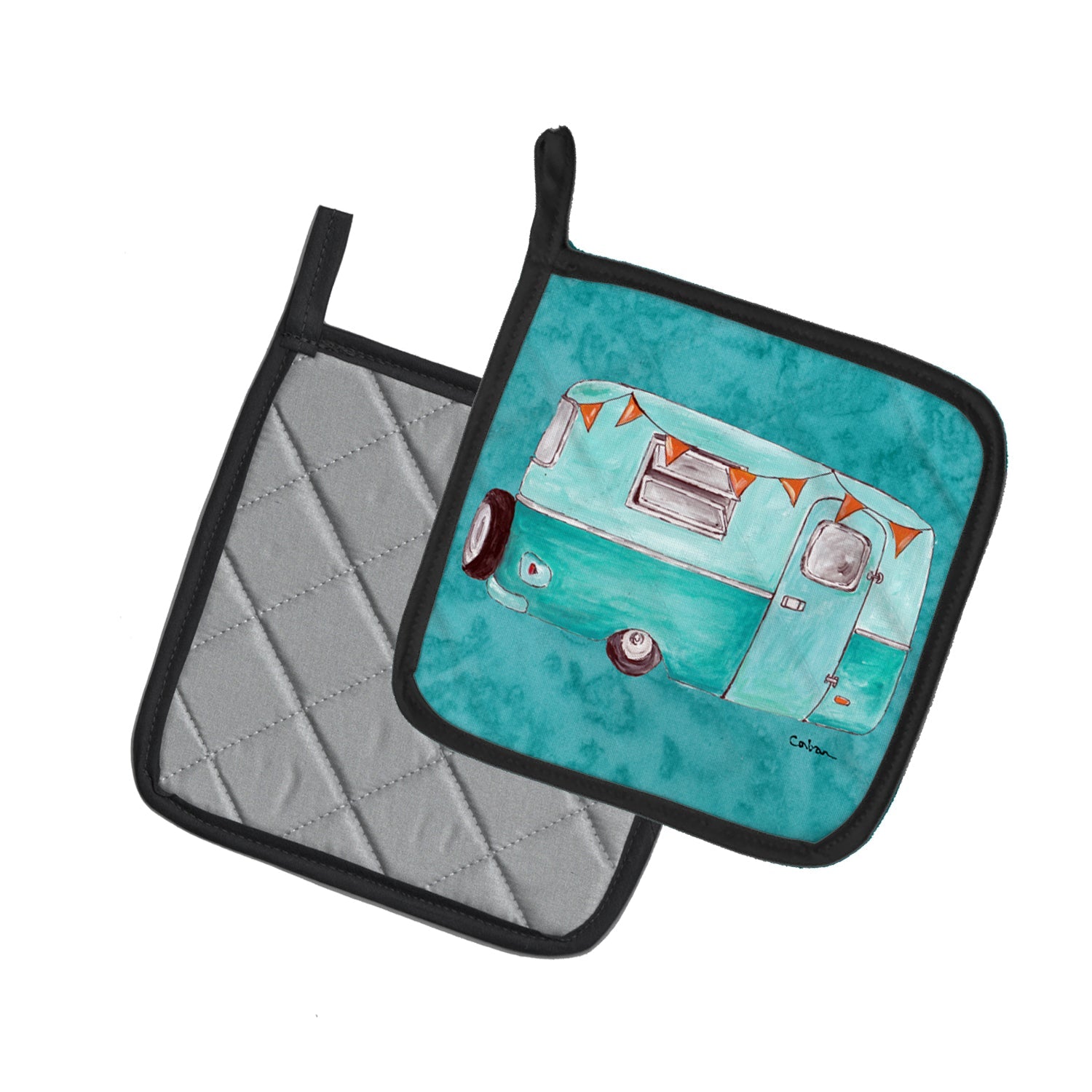 Welcome to the Trailer Pot Holder Set of 2 Heat Resistant Quilted Hot Pads 7.5 x 7.5 Inch, Insulated Kitchen Trivets for Cooking & Baking