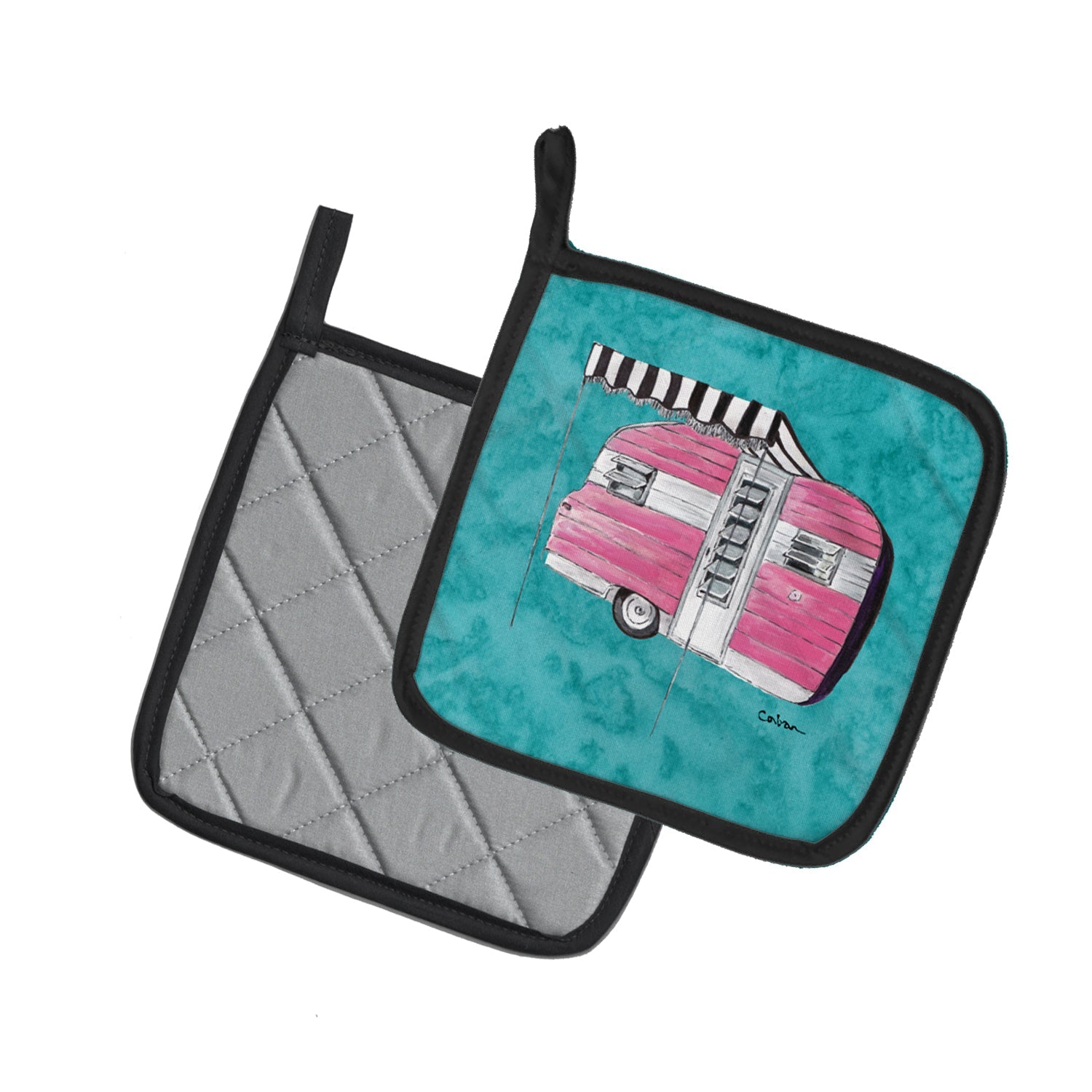 Welcome to the Trailer Pot Holder Set of 2 Heat Resistant Quilted Hot Pads 7.5 x 7.5 Inch, Insulated Kitchen Trivets for Cooking & Baking