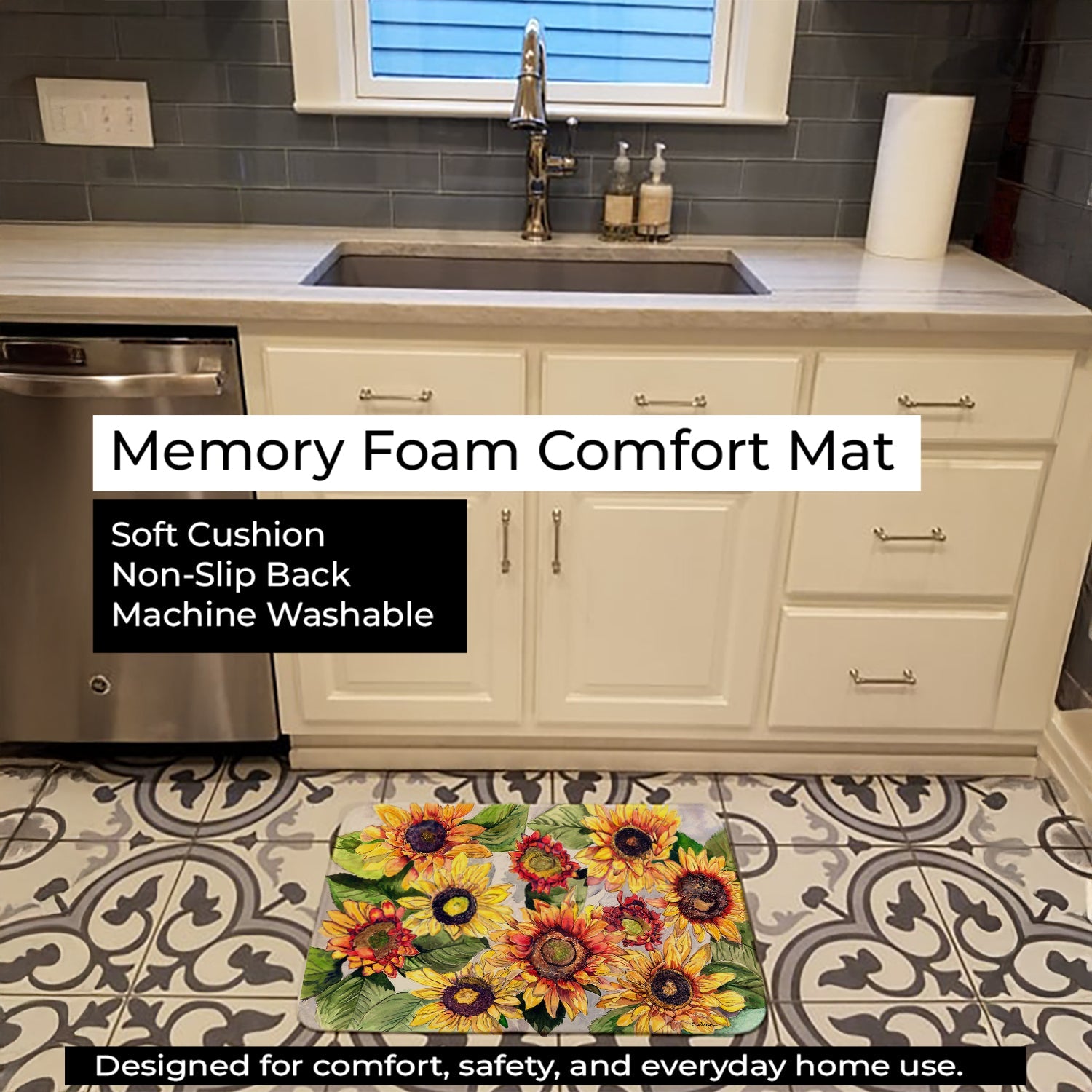 Sunflowers Memory Foam Kitchen Mat Machine Washable Anti-Fatigue Cushion Comfort Bath or Kitchen Rug