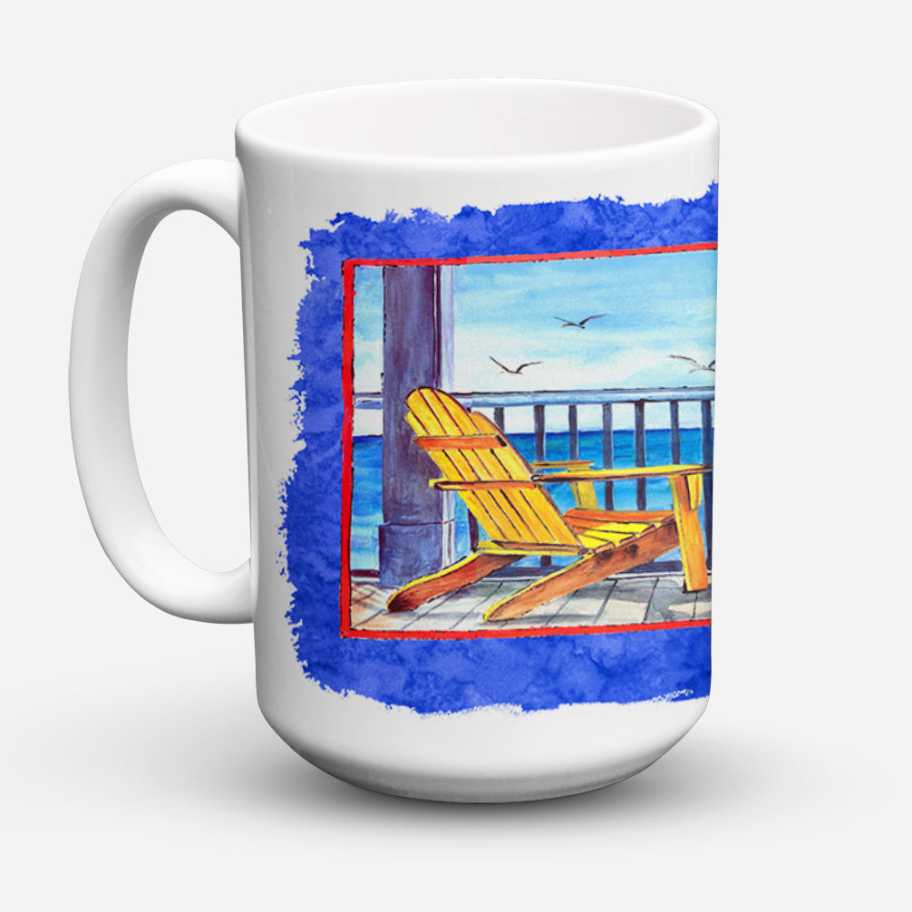 Adirondack Chairs Blue Ceramic Coffee Mug 15 oz Decorative Large C Handle Mug Cup for Tea, Cocoa Hot Chocolate