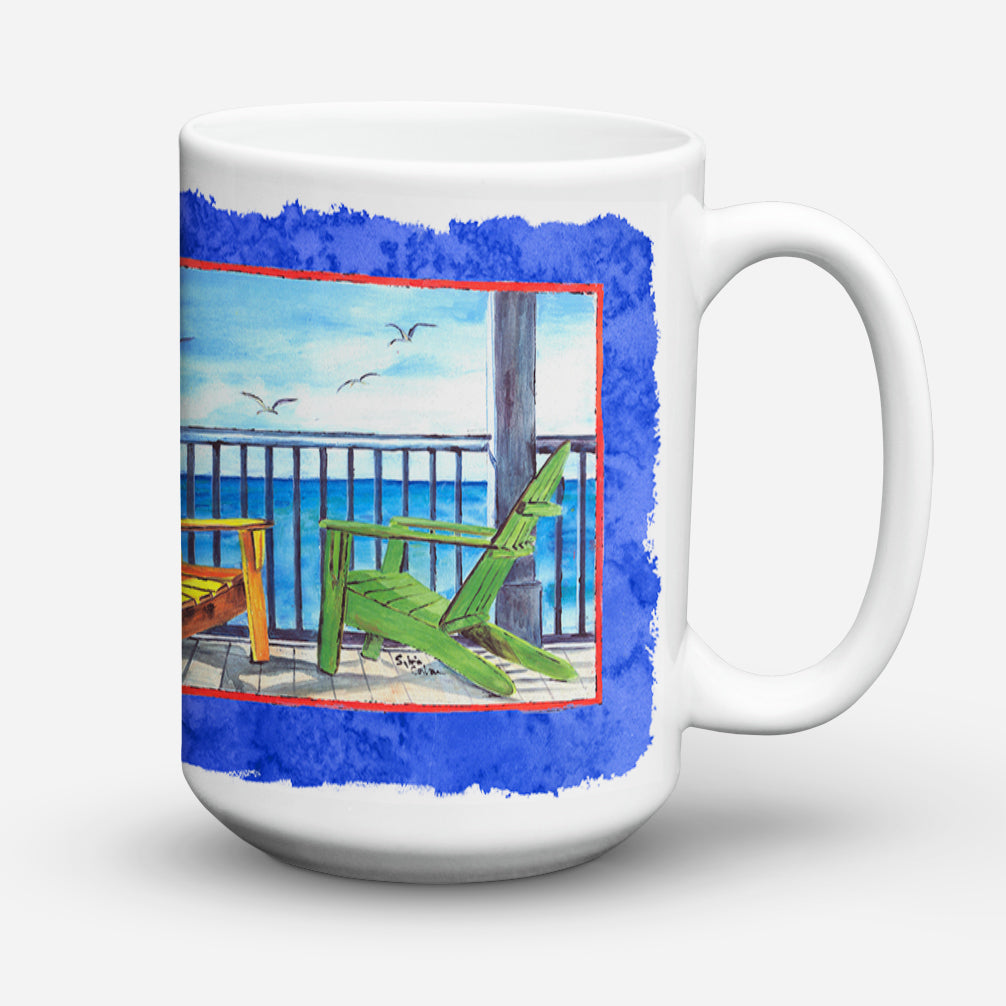 Adirondack Chairs Blue Ceramic Coffee Mug 15 oz Decorative Large C Handle Mug Cup for Tea, Cocoa Hot Chocolate