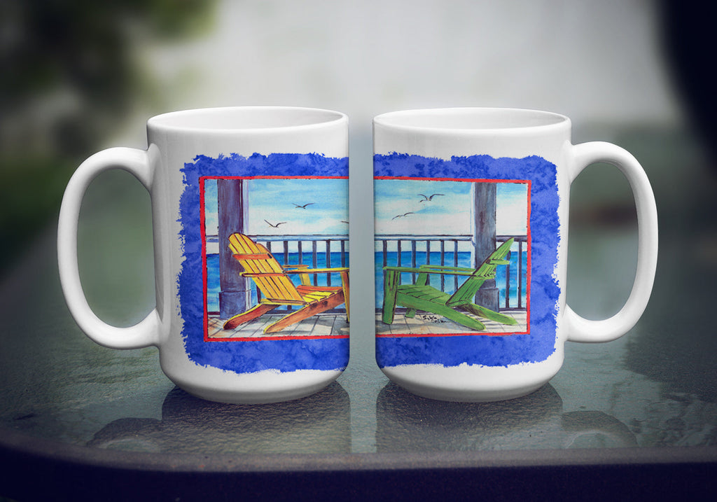 Adirondack Chairs Blue Ceramic Coffee Mug 15 oz Decorative Large C Handle Mug Cup for Tea, Cocoa Hot Chocolate