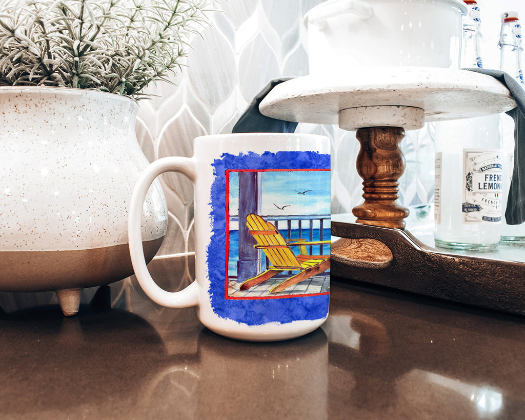 Adirondack Chairs Blue Ceramic Coffee Mug 15 oz Decorative Large C Handle Mug Cup for Tea, Cocoa Hot Chocolate