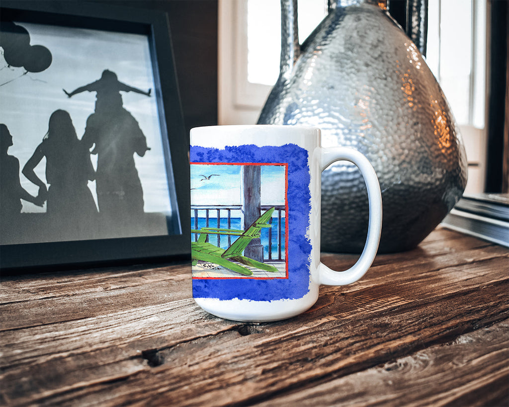 Adirondack Chairs Blue Ceramic Coffee Mug 15 oz Decorative Large C Handle Mug Cup for Tea, Cocoa Hot Chocolate