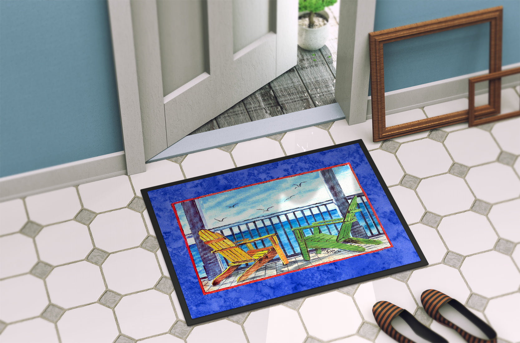 Adirondack Chairs Blue Doormat Indoor Outdoor 24H X 36W Front Door Mat Rugs for Entryway, Non Slip Washable Low Pile,
