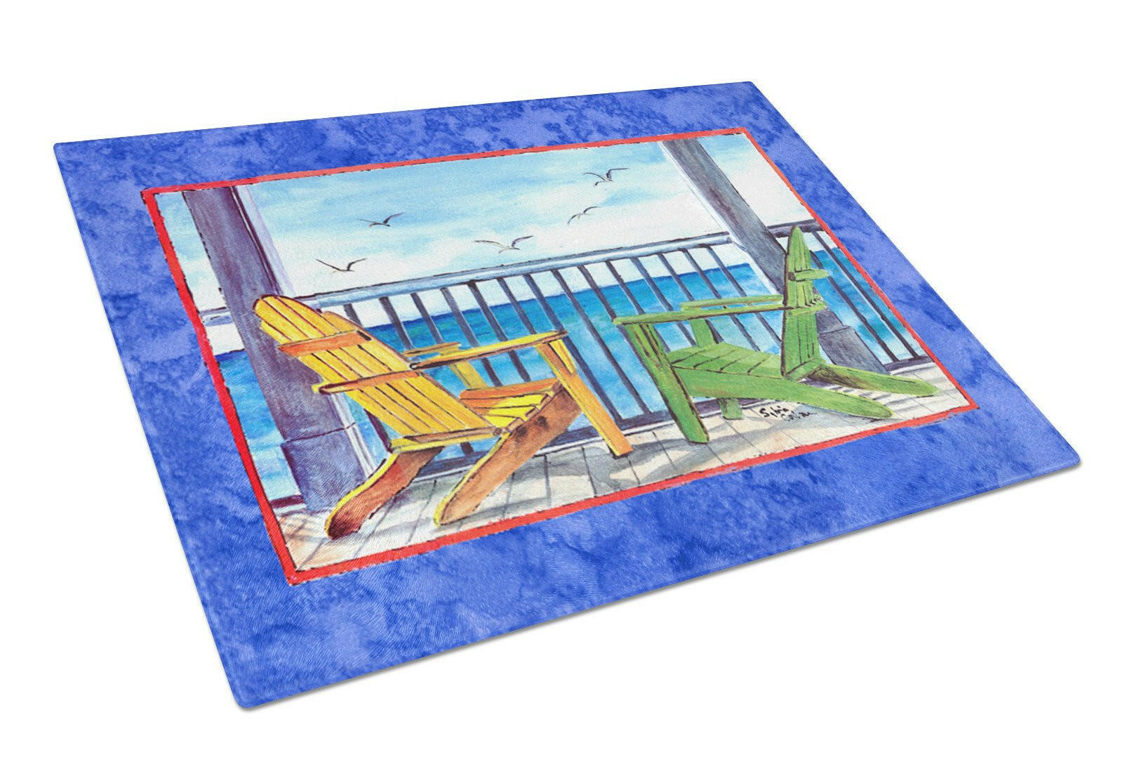 Adirondack Chairs Blue Cutting Board Tempered Glass Kitchen Cutting Surface, Heat Resistant Chopping, Non-Slip Feet, Food Prep & Serving
